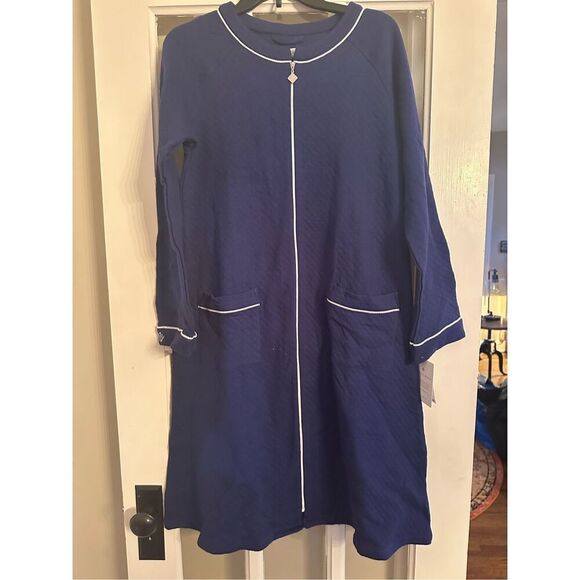 EILEEN WEST NAVY QUILTED LONG SLEEVE ZIP FRONT ROBE XS - Picture 2 of 6